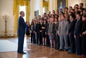 President Barack Obama talks with the Presidential Early Career Award for Scientists and Engineers (PECASE) recipients in the East Room of the White House, April 14, 2014.  (Official White House Photo by Pete Souza)