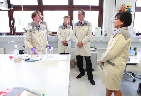 Secretary Pritzker tours a training facility at Bayer Health Care in Berlin, where she also participated in a Workforce Development Roundtable.