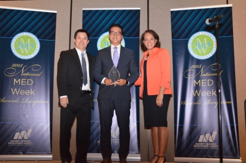 Elliot Park, CEO of Shine Electronics, with Alejandra Y. Castillo and Albert Shen from MBDA