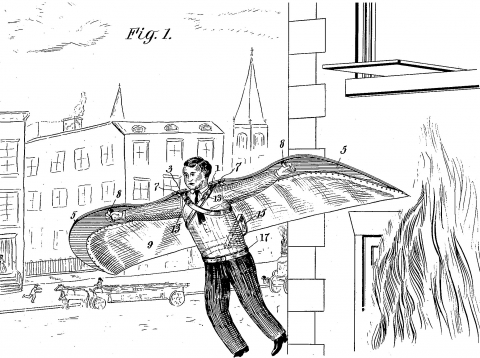 Illustration of a patent for a winged suit to fly away from a burning building.