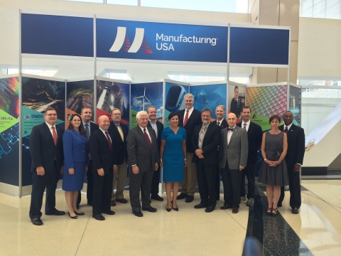 U.S. Secretary of Commerce Penny Pritzker with Institute  Directors and program staff at the  International Technology Show (IMTS) in Chicago announcing “Manufacturing USA” as the new brand name for the National Network for Manufacturing Innovation (NNMI)