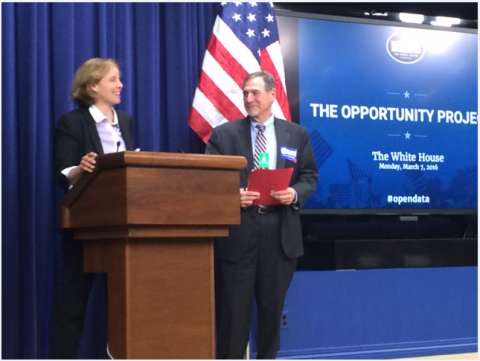 U.S. Chief Technology Officer, Megan Smith, introduces Census Bureau Director John Thompson at Announcement of the Opportunity Project at the White House