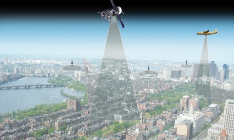 NIST is developing methods for measuring greenhouse gas emissions based on atmospheric observations taken from surface stations, aircraft, and satellites. This illustration shows the city of Boston, part of the Northeast Corridor urban test bed for greenh