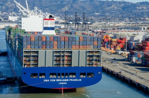 Photo of the Benjamin Franklin--the largest container vessel to ever visit a U.S. seaport, with 18,000 containers aboard.
