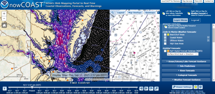 NOAA's nowCOAST web portal, shown here with wind gusts and directions, has 60 layers of data the user can click on or turn off. (Credit: NOAA).
