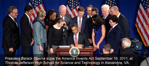 President Barack Obama signs the America Invents Act September 16, 2011, at Thomas Jefferson High School for Science and Technology in Alexandria, VA.