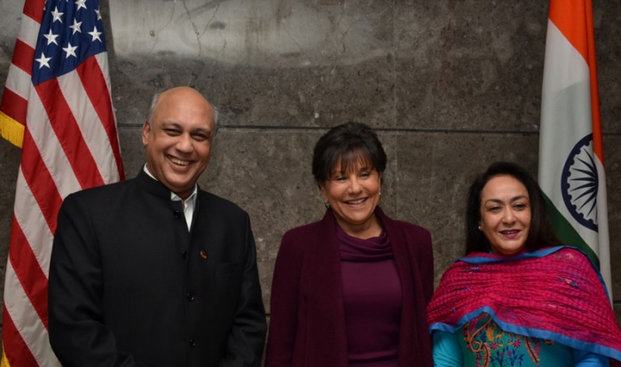 U.S. Secretary of Commerce Penny Pritzker poses with Mr. Sidharth Birla and Dr. Jyotsna Suri.