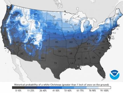 The “Historical Probability of a White Christmas” map shows the climatological probability of at least 1 inch of snow being on the ground on December 25 in the contiguous United States. 