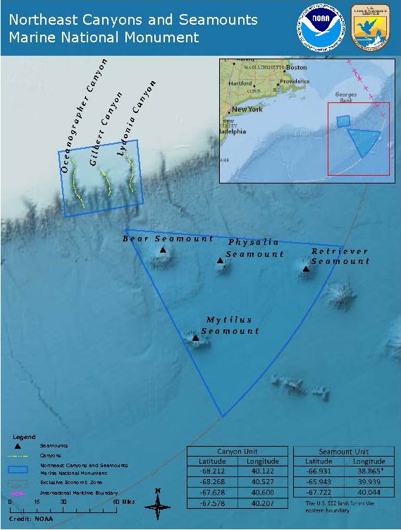 Map of the Northeast Canyons and Seamounts Marine National Monument in the Northwest Atlantic Ocean