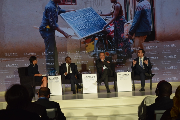 Secretary Pritzker moderates a panel featuring Jeremy Johnson, Founder and CEO of Andela; Strive Masiyiwa, Founder and Chairman of Econet Wireless; and Andrew Liveris, Chairman and CEO of Dow Chemical