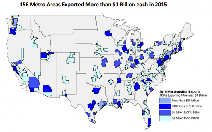 U.S. Map of the 2015 Metropolitan Area Export Overview showing that 156 metro areas exported more than $1 billion of goods to consumers around the globe.