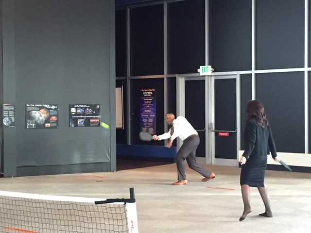 EDA Assistant Secretary Jay Williams playing pickleball at the Composite Recycling Technology Center on December 1, 2016.