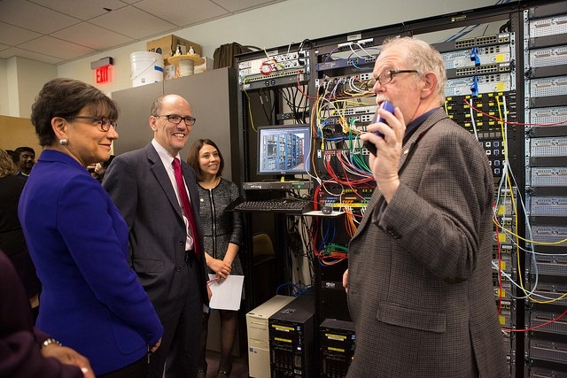 Secretary of Labor Tom Perez and Secretary of Commerce Penny Pritzker tour the cyber security training center at Montgomery College in Maryland on Dec. 10, 2014. 