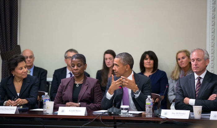 President Barack Obama delivers remarks at a meeting with the President&#039;s Export Council on Sept. 19, 2013. Seated with the President is Commerce Secretary Penny Pritzker