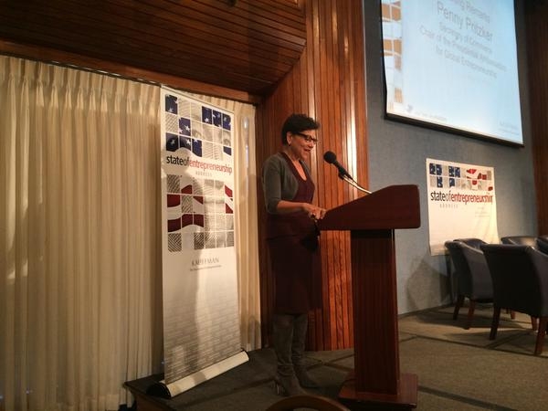 Secretary Pritzker delivering remarks on the leadership of the Department of Commerce and the entire Obama Administration in promoting entrepreneurship across the U.S. at the 2015 State of Entrepreneurship Address, hosted by the Kauffman Foundation.  