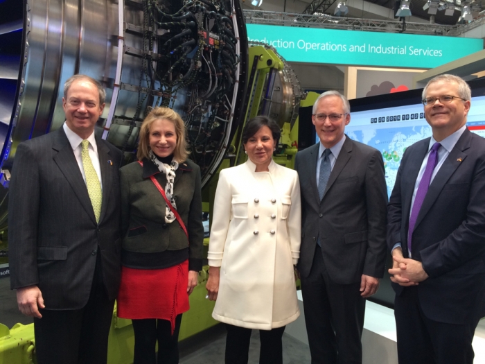 Secretary Pritzker, Deputy Secretary Andrews, and Ambassador Emerson visit Microsoft&#039;s booth at Hannover Messe