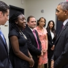 President Barack Obama greets young entrepreneurs in the vestibule of the Eisenhower Executive Office Building South Court Auditorium prior to remarks at the 2015 Presidential Ambassadors for Global Entrepreneurship (PAGE) and Young Entrepreneurs event, M