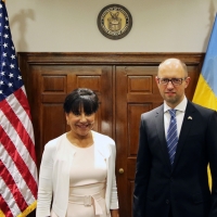 Secretary Pritzker and Ukraine Prime Minister Arseniy Yatsenyuk posed before their official meeting began.