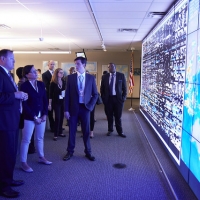 At the Global Operations Center, the command center for the entire FedEx Express line-haul system, the Secretary learned about the technology and equipment the center uses to perform its daily operations and maintain a system of efficiency and organizatio