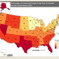Map of U.S. detailing percentage of uninsured by state