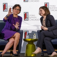 Pritzker with reporter Melissa Harris