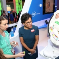Secretary Pritzker stopped by Intel&#039;s booth to look at their new wearable devices, which included a baby monitor (photo credit: Consumer Electronics Association) 
