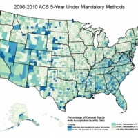 This map shows the percentages under the current, mandatory approach.  As a mandatory survey, less than five percent of counties have 80 percent or more of their tracts with unacceptable levels of quality data.  This impacts about 15 million people.