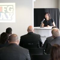 Michelle Lee at podium at Microsoft Tech Lab