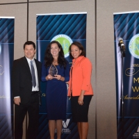 Albert Shen, MBDA Deputy National Director, Elise Hernandez, CEO, Ideal Systems Solutions Inc.,  and Alejandra Y. Castillo, MBDA National Director at the 2015 MED Week Awards reception in San Diego, CA.