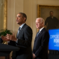 President Barack Obama, with Vice President Joe Biden, delivers remarks at an event to outline new efforts to help the long-term unemployed, in the East Room of the White House, Jan. 31, 2014. (Official White House Photo by Pete Souza) 
