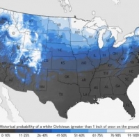 The “Historical Probability of a White Christmas” map shows the climatological probability of at least 1 inch of snow being on the ground on December 25 in the contiguous United States. 