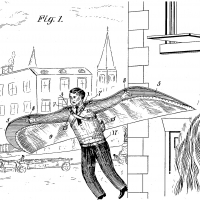 Illustration of a patent for a winged suit to fly away from a burning building.