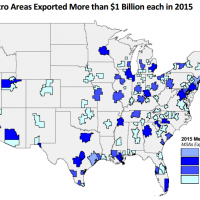 U.S. Map of the 2015 Metropolitan Area Export Overview showing that 156 metro areas exported more than $1 billion of goods to consumers around the globe.