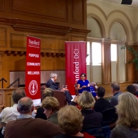 Commerce Secretary Penny Pritzker at Stanford University&#039;s Distinguished Career Institute with DCI Founder Philip Pizzo, MD.