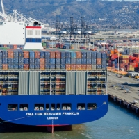 Photo of the Benjamin Franklin--the largest container vessel to ever visit a U.S. seaport, with 18,000 containers aboard.