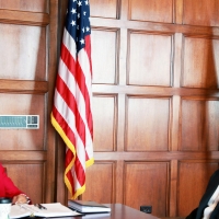 Secretary Pritzker and Tony Fadell, CEO of NEST, in her office